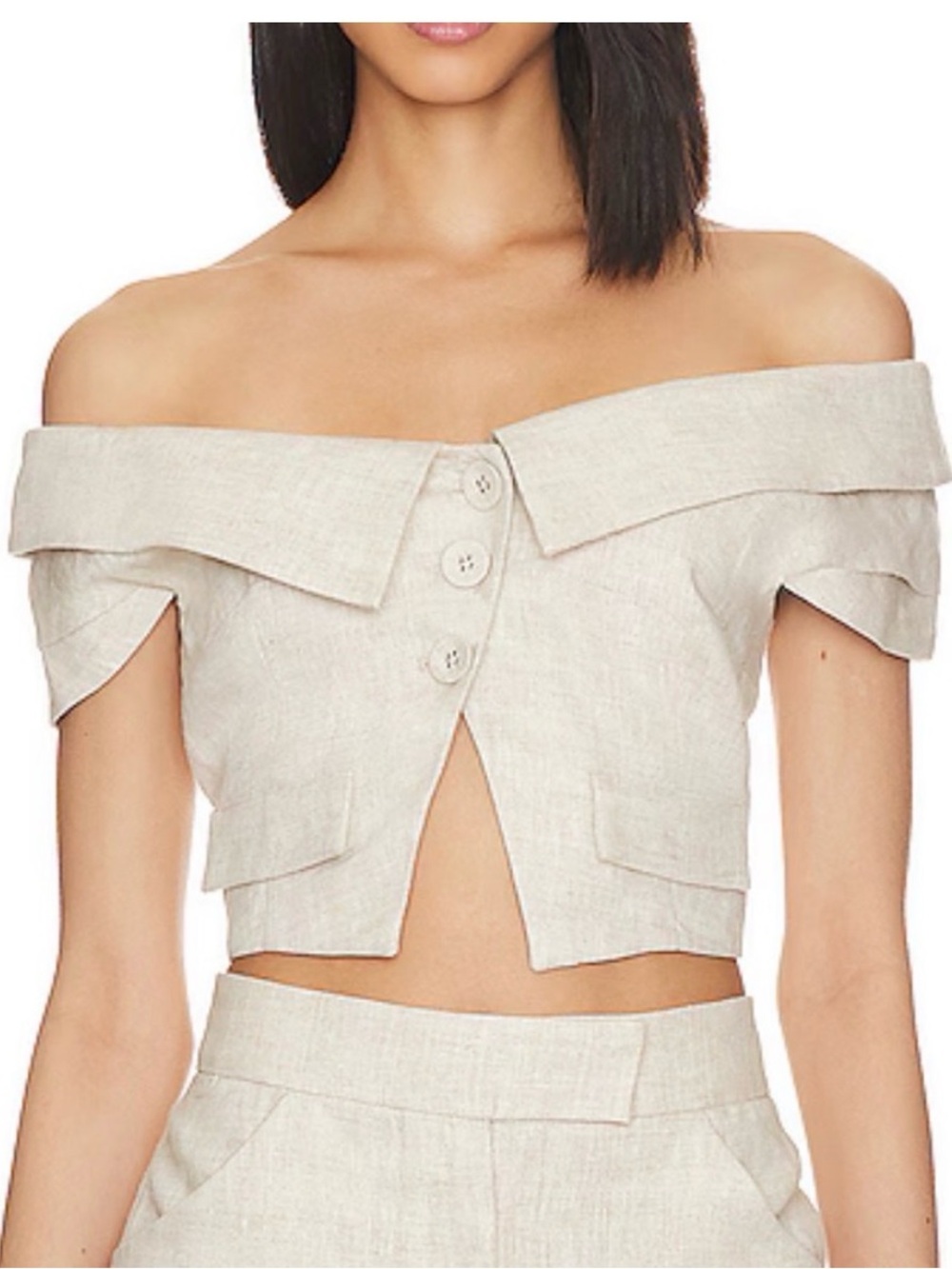 L'Academie Off-Shoulder Linen Blend Crop Top in Light Beige